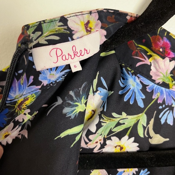 Parker One Sleeve Silk Black Asymmetric Ruffle Dress 6 Dark Floral Flounce - Picture 8 of 12